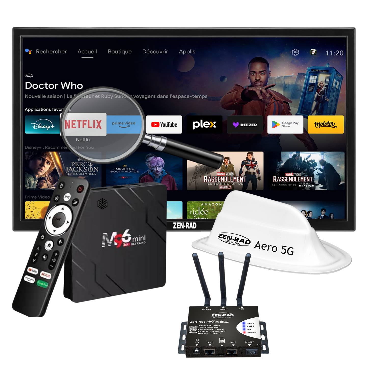 Pack Trio 360° Zenelec Media Routeur 4G + Antenne Aero 5G + Android 13 TV Smart Box 8K